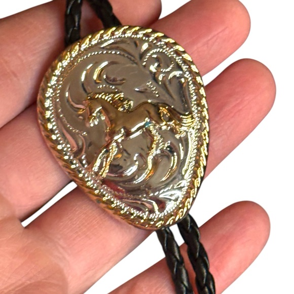 Vintage Western Style Bolo Tie with Silver and Gold Accents Galloping Horse - Picture 3 of 5